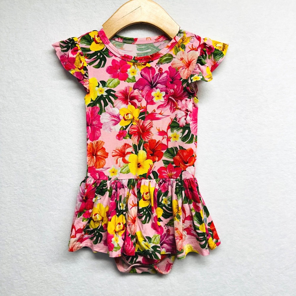 Posh Peanut Lana Romper Dress Girls 18-24M Pink Tropical Hibiscus Bamboo Viscose